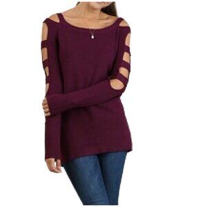 NWT Umgee Wine Cotton Strappy Cut Out Sleeve Sweater WA3400